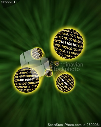 Image of Binary data orbs or packets flying through a vortex