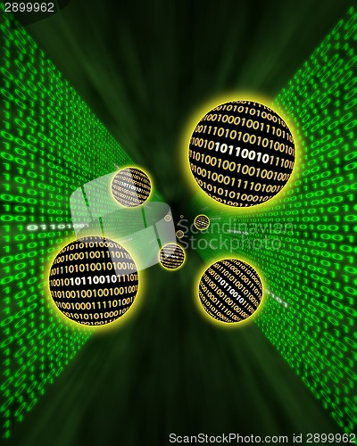 Image of Binary data orbs or packets flying through a digital vortex
