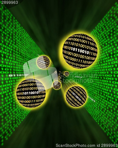 Image of Binary data orbs or packets flying through a digital vortex