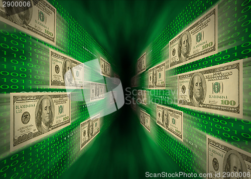 Image of $100 bills flying through a green vortex, with walls of binary c