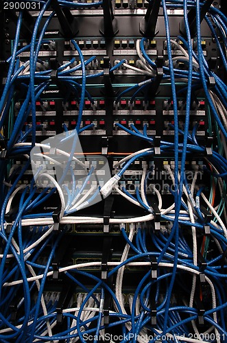 Image of Banks of wires connecting network servers, telephones & digital 