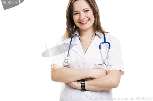Image of Beautiful young doctor, isolated over white background