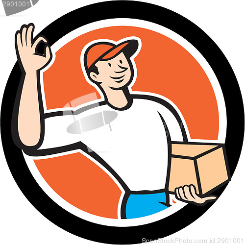 Image of Delivery Man Okay Sign Parcel Circle Cartoon
