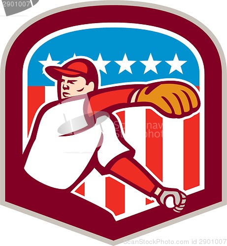 Image of American Baseball Pitcher Throw Ball Shield Cartoon
