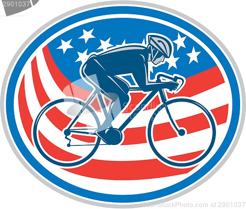 Image of Cyclist Riding Mountain Bike American Flag Oval