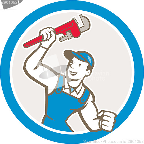 Image of Plumber Holding Monkey Wrench Circle Cartoon