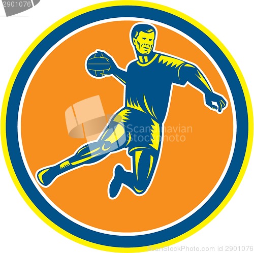 Image of Handball Player Jumping Throwing Ball Circle Woodcut