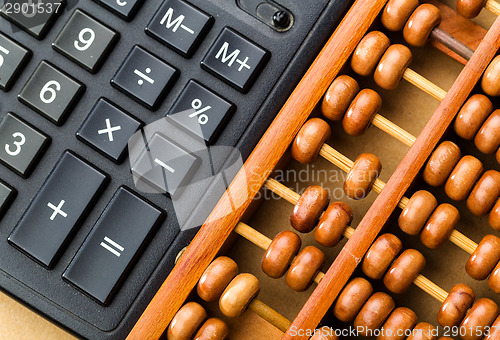 Image of Ancient abacus and modern calculator 