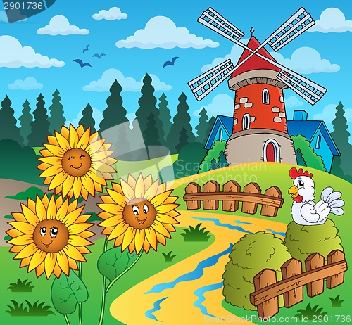 Image of Sunflowers near windmill