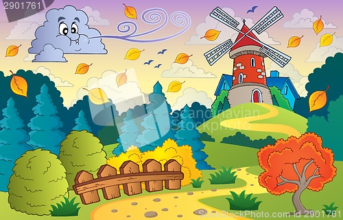 Image of Autumn landscape windmill and cloud