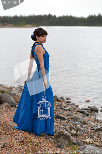 Image of girl in a blue dress with an empty bird cage