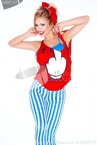 Image of Young blond woman in a red and blue outfit