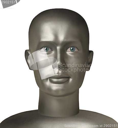 Image of Android head with human eyes against white 