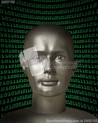 Image of Robot android with human eyes in front of a field of binary code