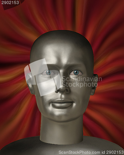 Image of Android robot head with human eyes in a red vortex