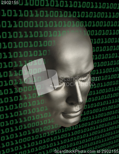 Image of A robot android face penetrating a wall of binary code