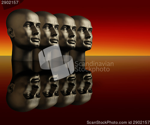 Image of Four silver mannequin heads on a reflective surface