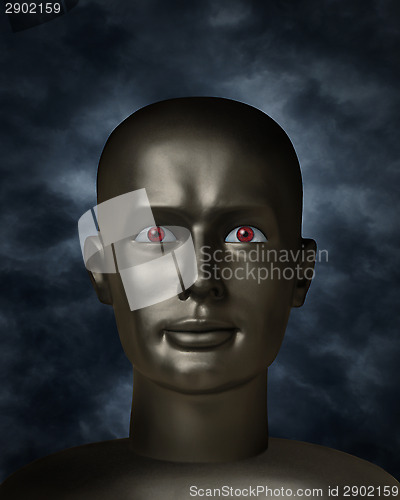 Image of Dark mannequin face with red eyes in the darkness