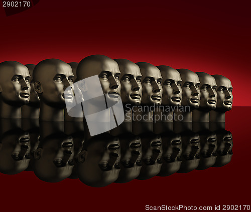 Image of Metallic heads lined up on a reflective black surface