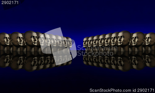 Image of Two groups of mannequin heads opposite one another