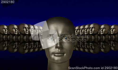 Image of Silver mannequin head flanked by two groups of heads against blu