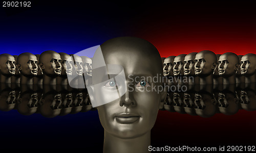 Image of Silver mannequin head flanked by two groups of heads