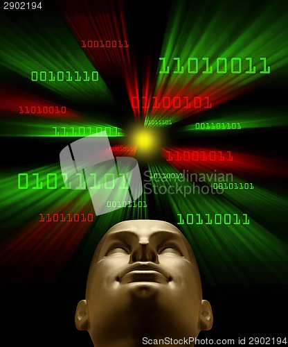 Image of Artifical intelligence as symbolized by binary code flying towar