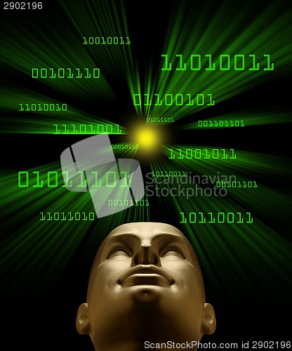 Image of Artifical intelligence as symbolized by green binary code flying