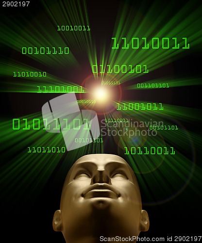 Image of Artifical intelligence as symbolized by green binary code flying