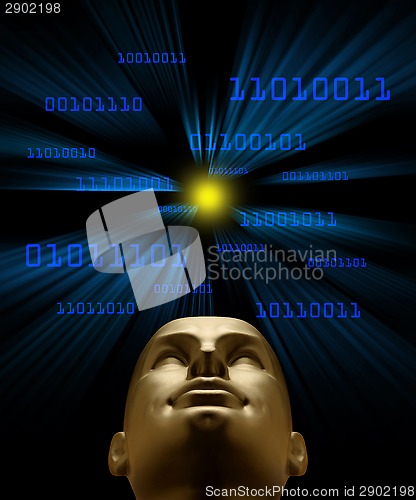 Image of Artifical intelligence as symbolized by blue binary code flying 