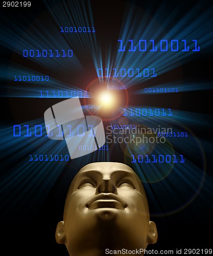 Image of Artifical intelligence as symbolized by blue binary code flying 