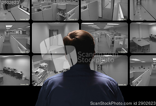 Image of Security guard conducting surveillance by watching several secur