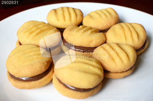 Image of Plate of shortbread biscuits with chocolate filling