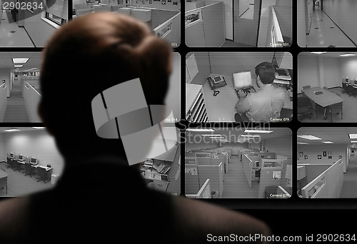 Image of Man watching an employee work via a closed-circuit video monitor