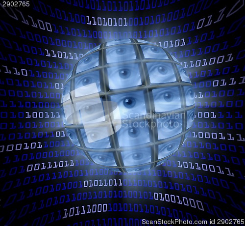 Image of A sphere of monitors with eyeballs in a curved field of blue dig