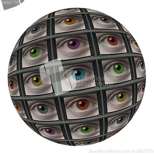Image of Sphere of screens with multi-colored eyes