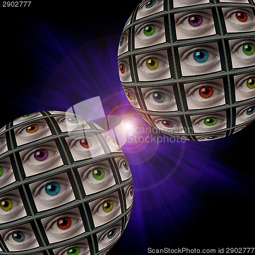Image of Two sphere of video screens showing multi-colored eyes