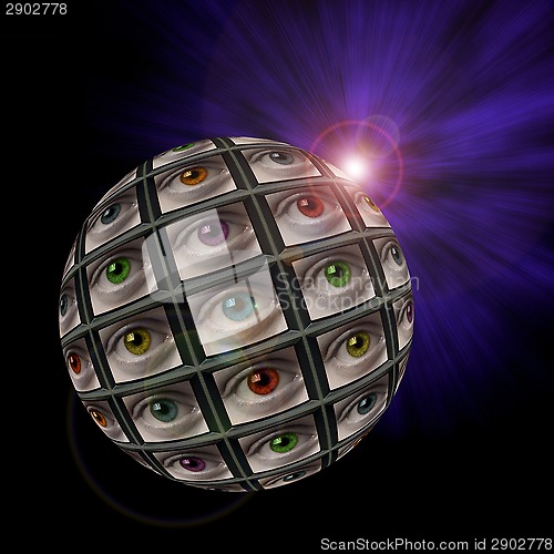 Image of Sphere of video screens showing multi-colored eyes