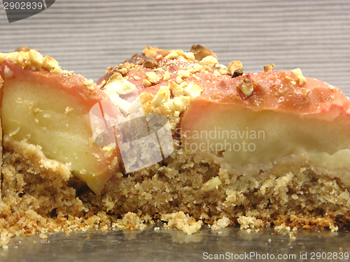 Image of Cutted  wholemeal apple cake on a cake tray on gray background