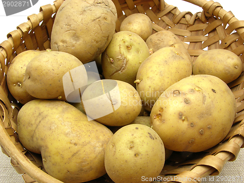Image of A basket with potatoes on a beige placemat