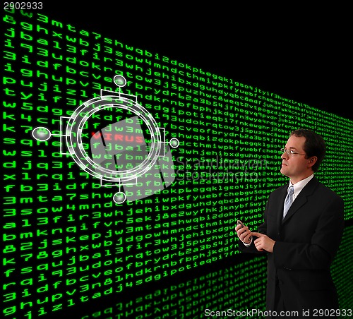 Image of Man detecting computer virus in a firewall of machine code