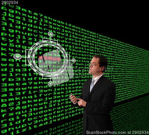 Image of Man detecting computer virus in a firewall of machine code