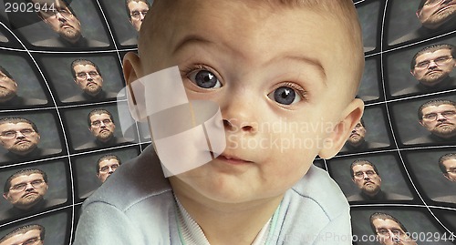 Image of A baby facing the camera surrounded by distorted screens of an O