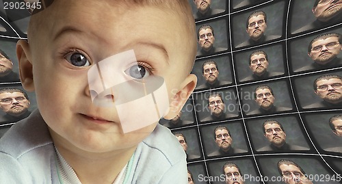 Image of A baby facing the camera surrounded by distorted screens of an O