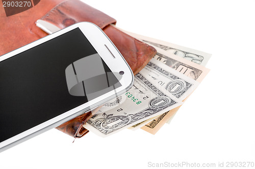 Image of cellphone and money on white