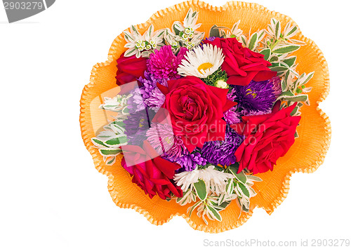 Image of Bunch of flowers: roses, asters, camomiles on a white background