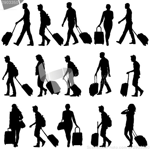 Image of Black silhouettes travelers with suitcases on white background. 