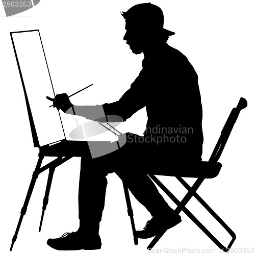 Image of Silhouette, artist at work on a white background, vector illustr