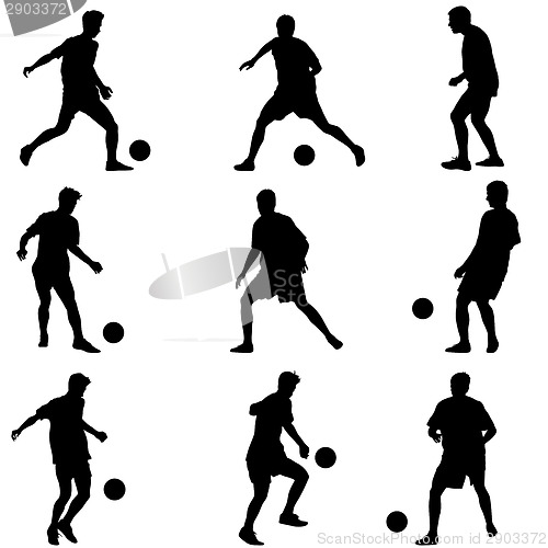 Image of Different poses silhouettes of soccer players with the ball. Vec