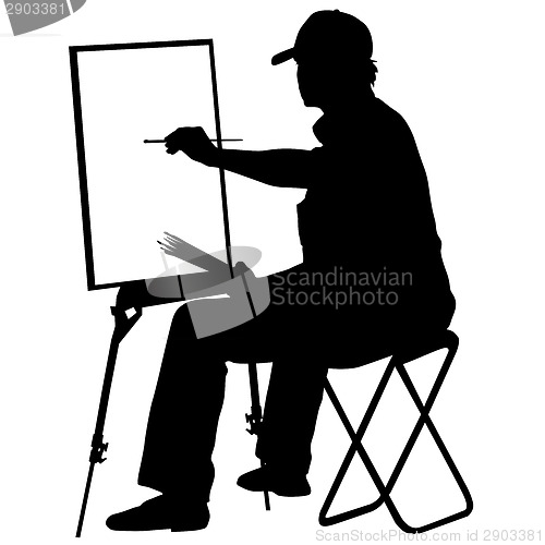 Image of Silhouette, artist at work on a white background, vector illustr